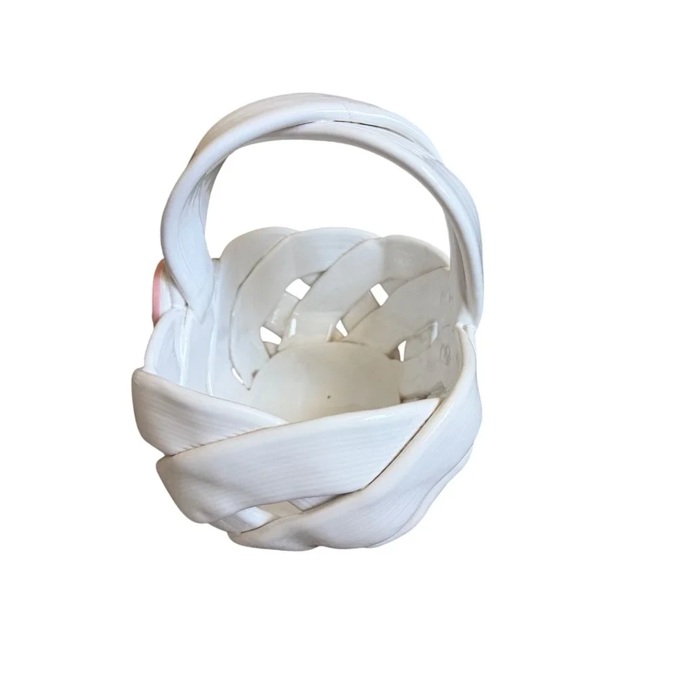 Berardos Portugal Ceramic Lattice Basket White Pink Heart Cupid Cherub 9 Inch